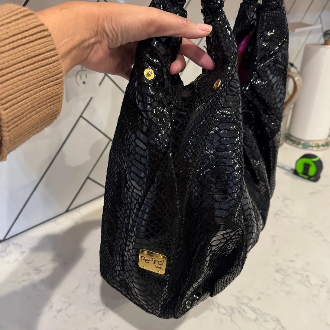 Vintage Perlina Y2K black snake skin leather large hobo bag neutral school work - Image 4