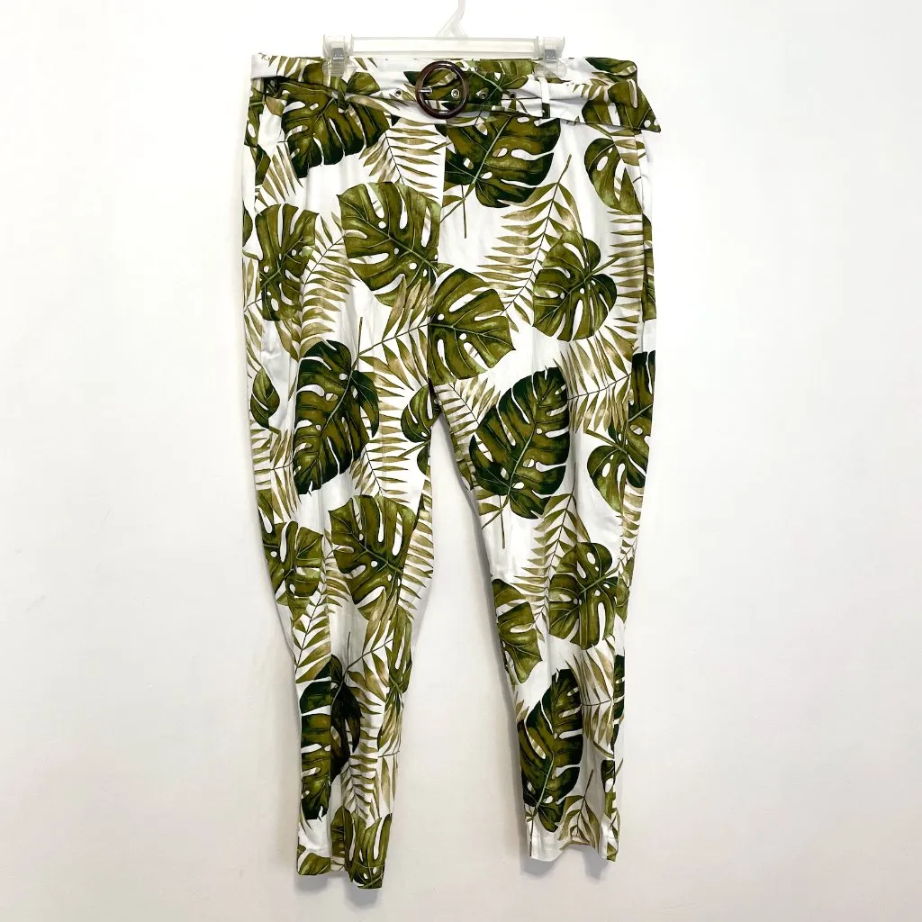 ASHLEY STEWART Plus Size White Green Floral Palm Leaf Tropical Belted Crop Pants - Image 2