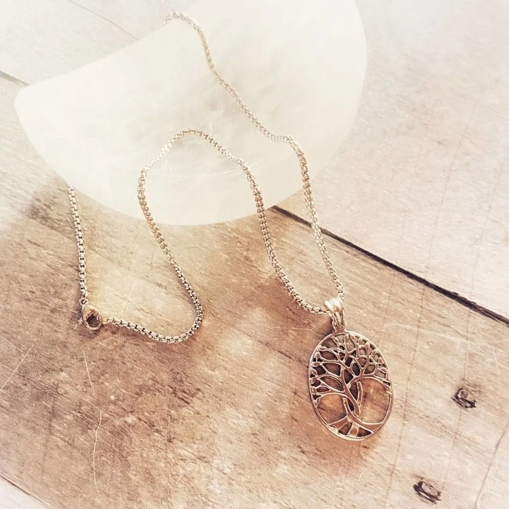 Tree Of Life Stainless Steel Necklace Rounded Box Chain Silver - Image 2