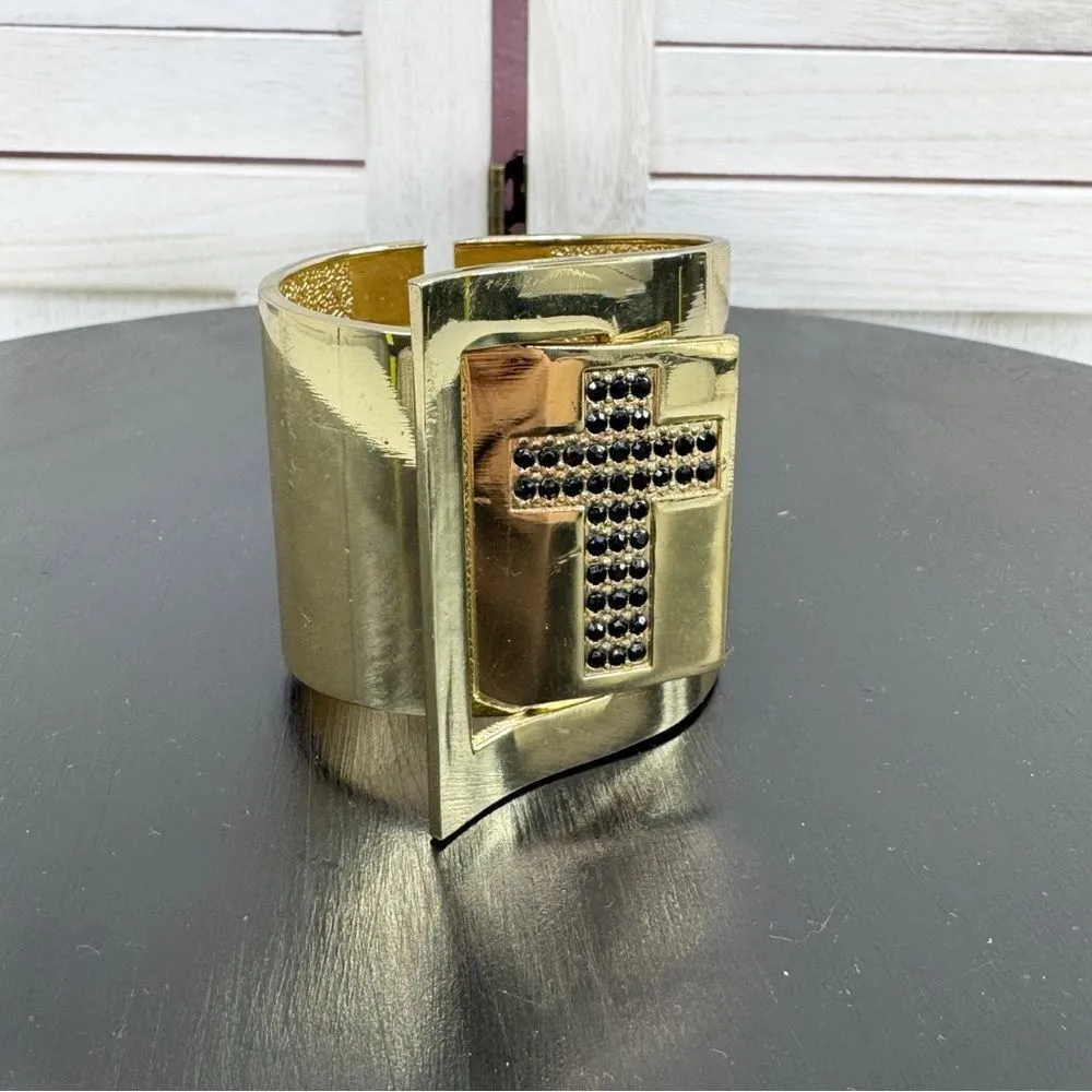 Gold Metal Black Rhinestone Cross Cuff Bracelet Chunky Wide - Image 2