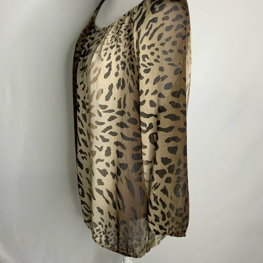 Zac & Rachel Goldish Tan & Black Sheer Animal Print Round Neck Flowy Top Large - Image 5
