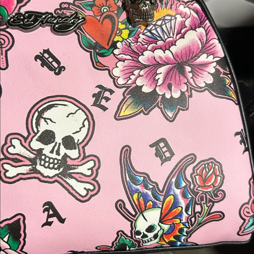 Ed Hardy Pink Y2K Thermal Lunch Tote Hot or Cold Dual Straps Skulls Butterflies - Image 3