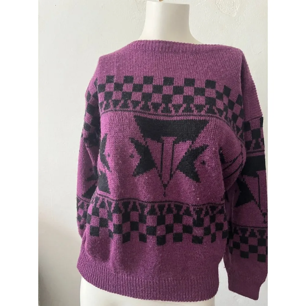 Vtg Esprit womens sweater S aztec purple geometric wool punk grunge alternative - Image 2