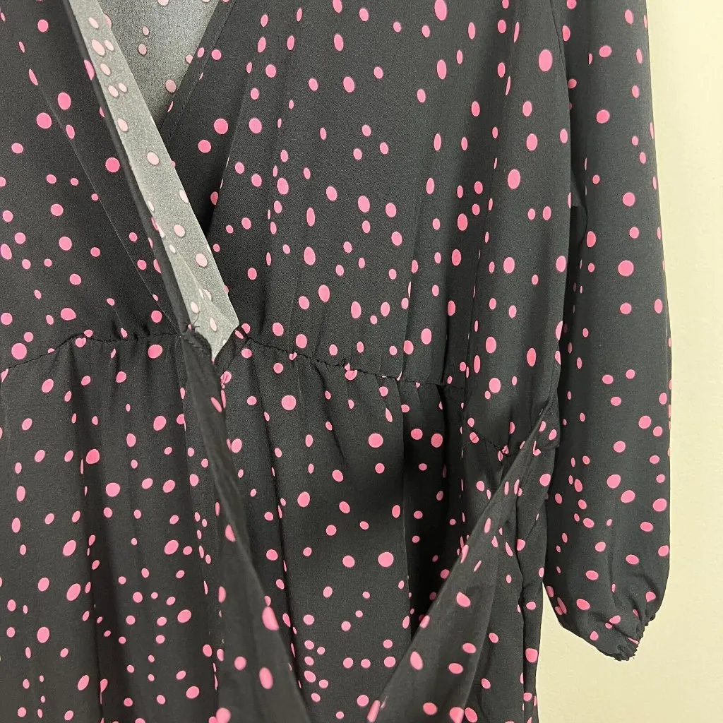 Suzanne Betro Midi Dress 1X Black Pink Polka Dot 3/4 Balloon Sleeve Pockets Plus - Image 9