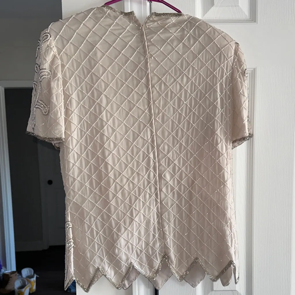 Papell Boutique Cream Beaded Blouse 100% Silk - Image 6