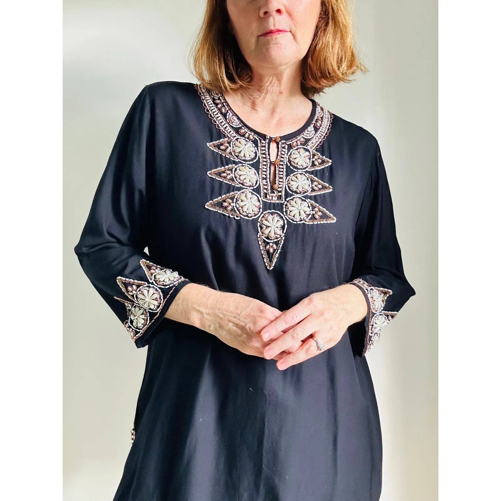 Vintage 90s Faith Resortwear Embellished Tunic Top Black Size Large Boho Vaca - Image 4