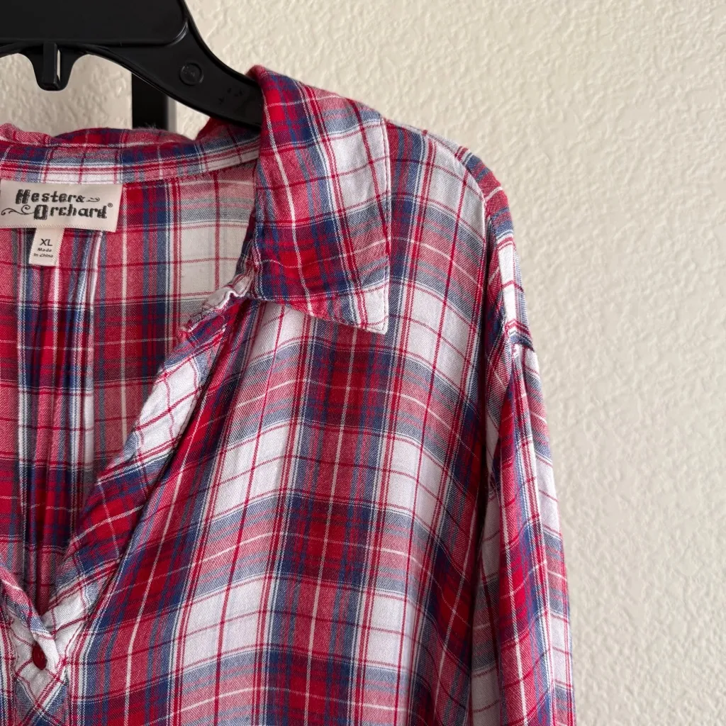 Women’s XL Oversized Plaid Button Front Shirt Soft Drape Rayon Casual Fall Top Red - Image 4