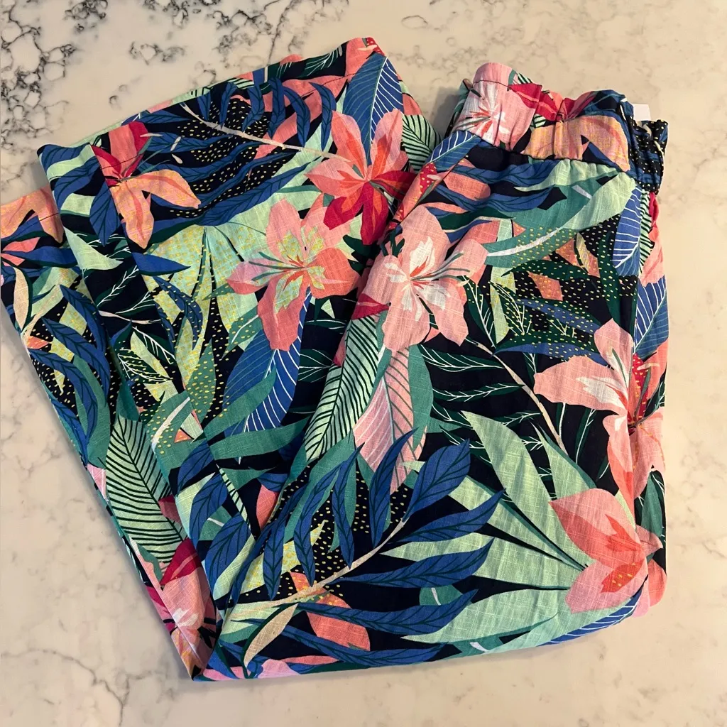 New Loft Tropical Palm Print Wide Leg Crop Linen Blend Pants Size Small - Image 10