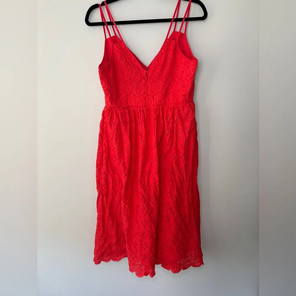 J Crew Coral Red Eyelet Double Strap 100% Cotton Midi Dress Size 10‎ - Image 6