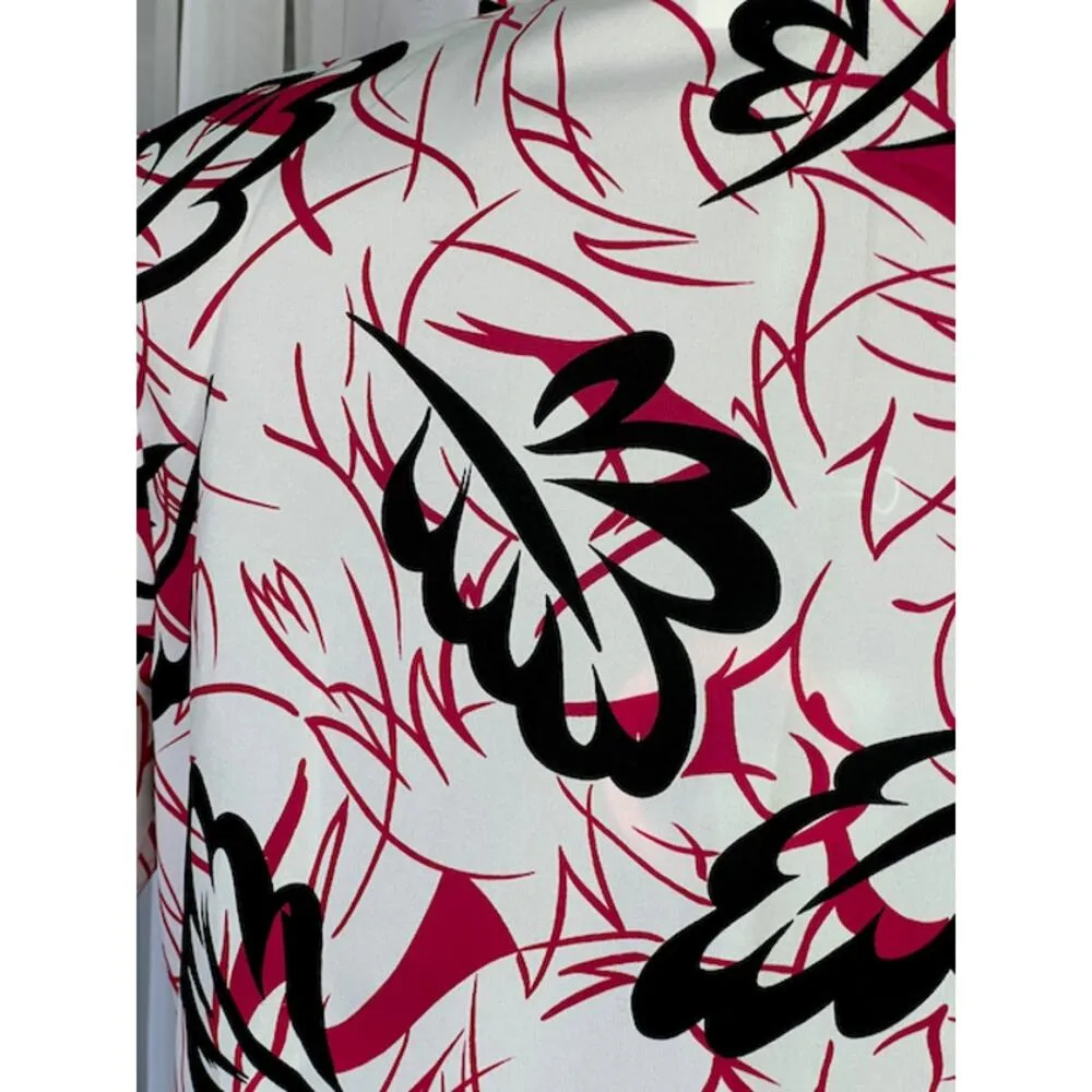 kitten bow blouse abstract leaves red black 1980s Size 12 - Image 8