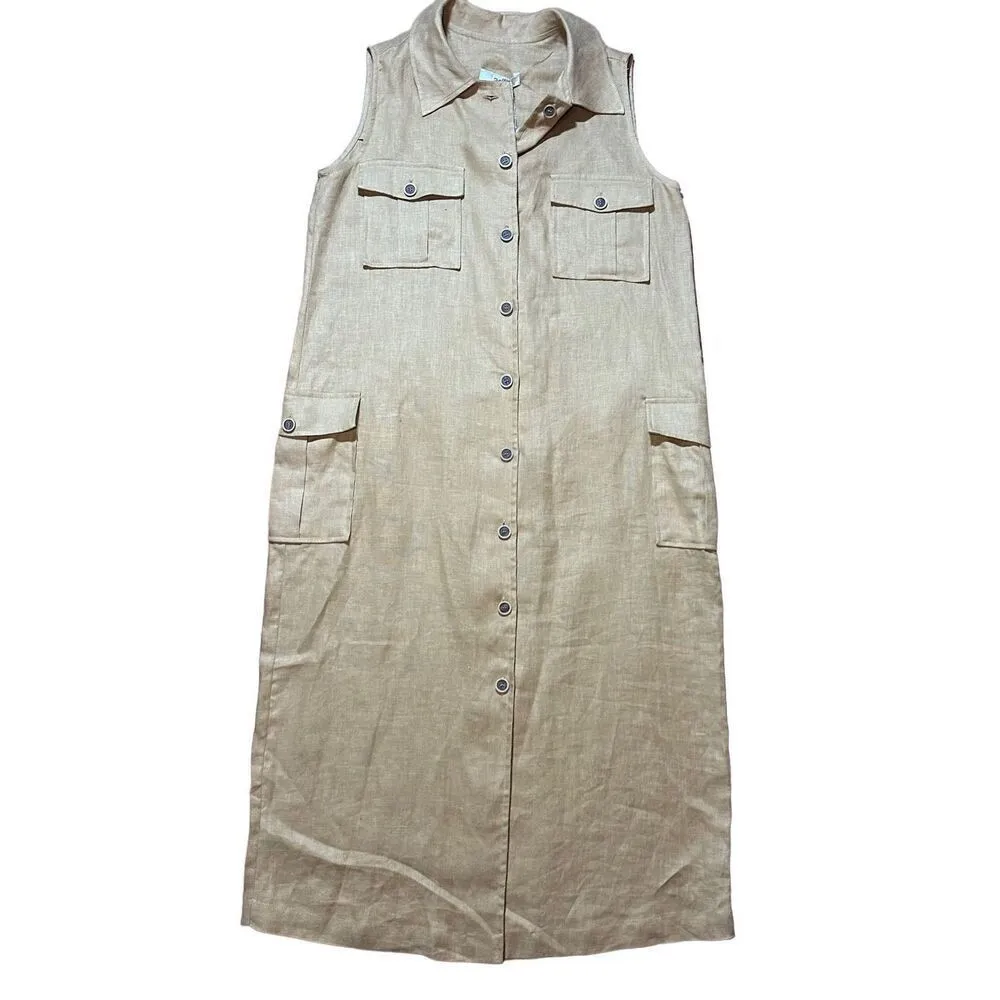 NEW adL womens linen button down midi dress cottage safari natural sz M in camel Tan Size M - Image 7