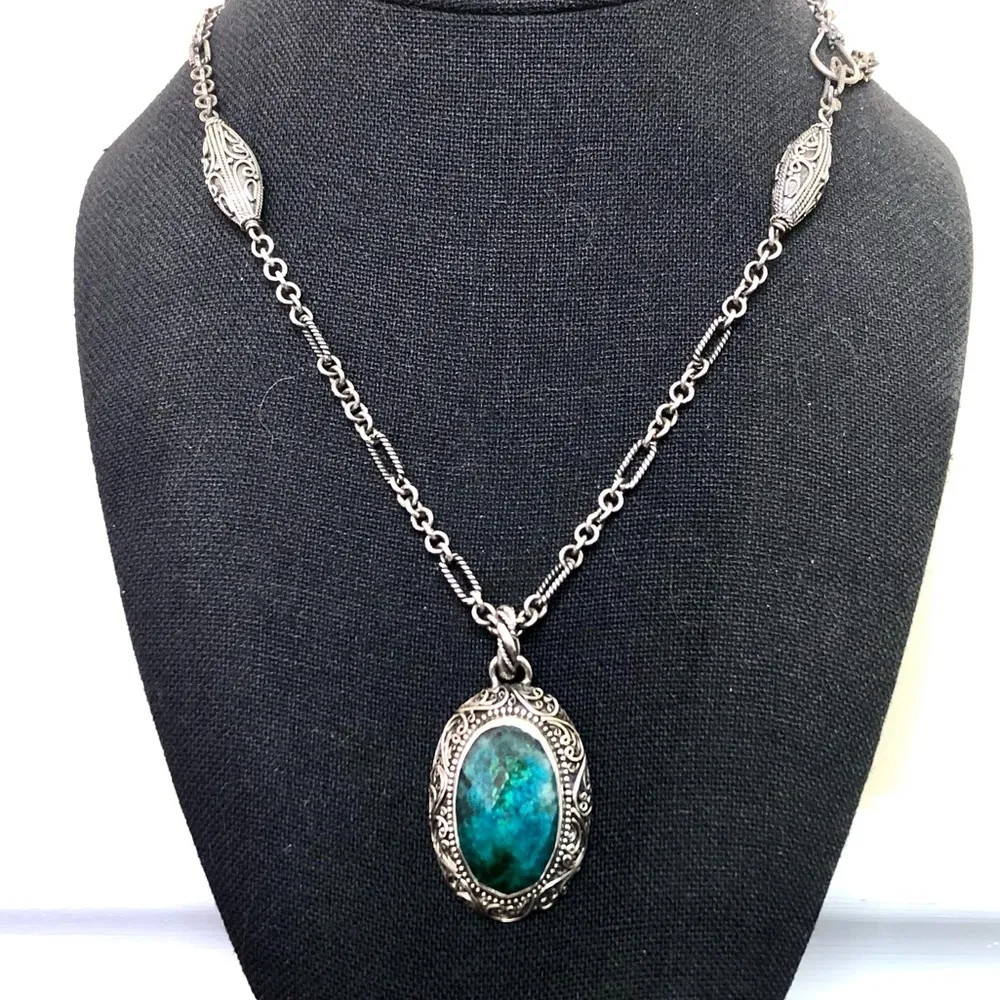 LORI BONN Sterling Silver Faceted Azurite Oval Gem Pendant Mixed Link Necklace - Image 15
