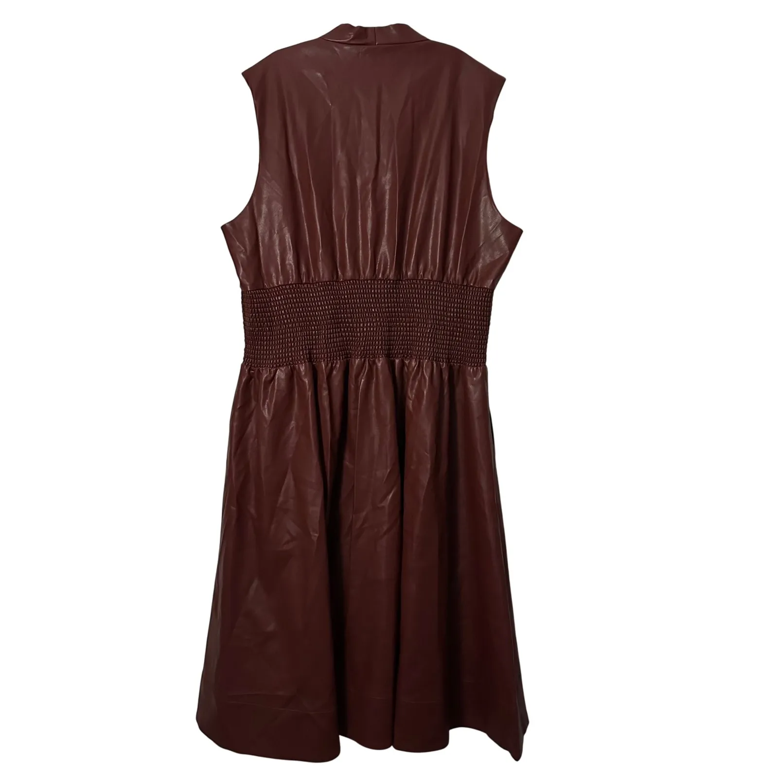 Anthropologie The Tommie Cap Sleeve Dress 3X Faux Leather Smocked Waist Front Zi - Image 13