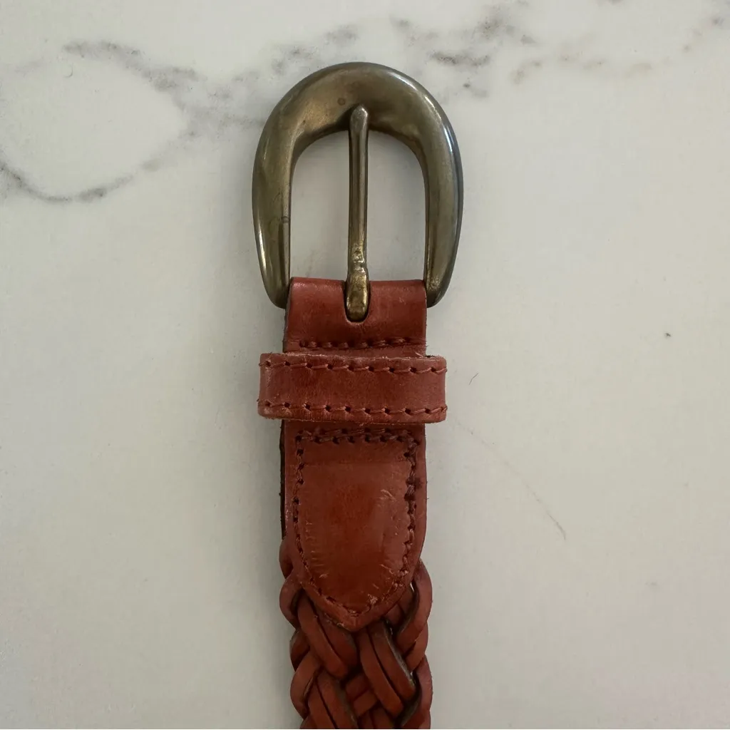 Vintage Anthropologie Brass Buckle Braided Leather Belt in Medium Brown Medium - Image 2