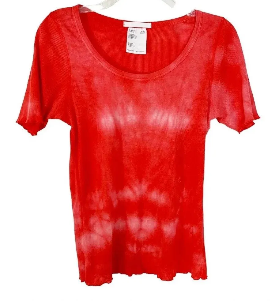 NEW Helmut Lang Base Short Sleeve Ribbed Tie Dye Cotton T-Shirt Red Volcano S - Image 4