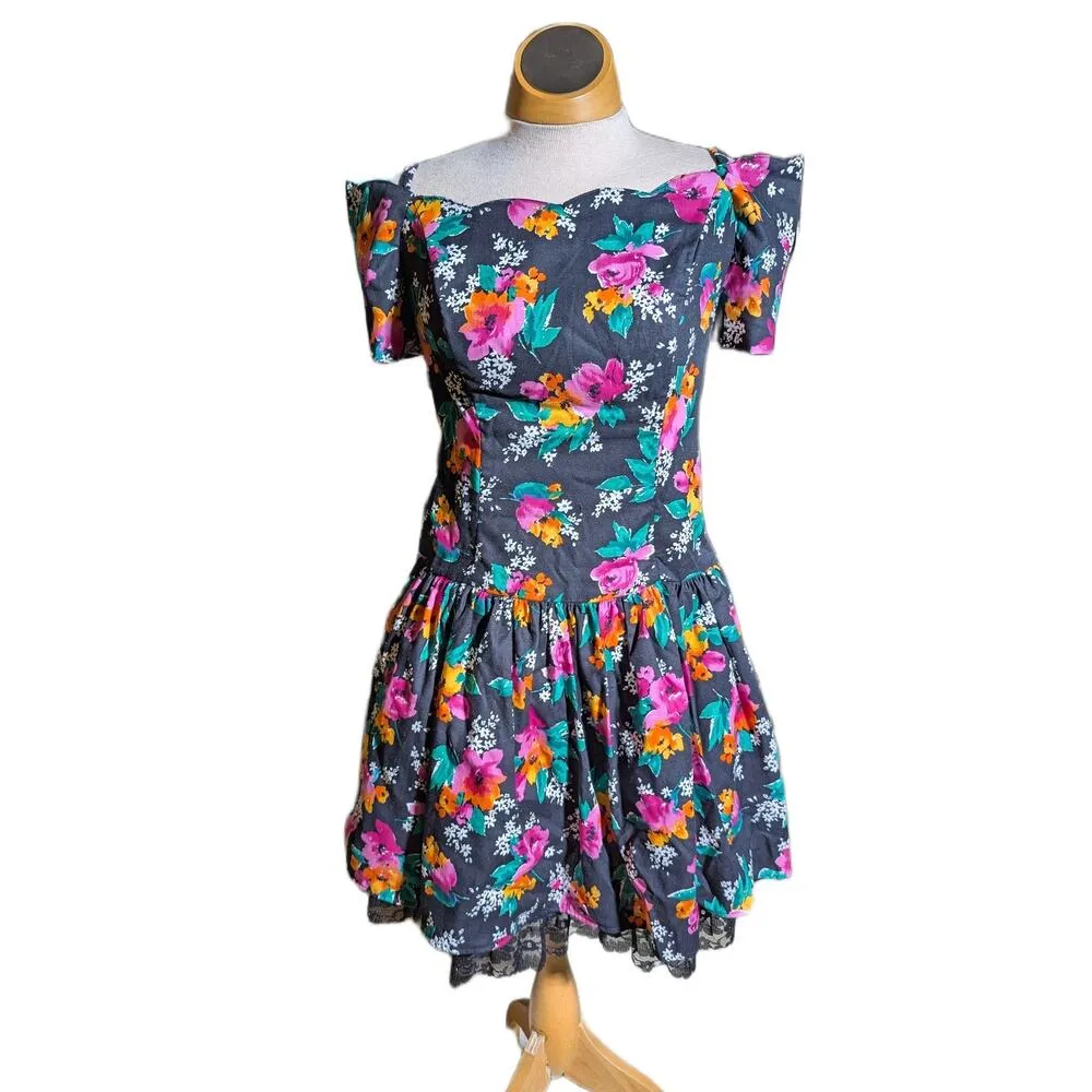 Vtg 1980s Byer Too Black Colorful Floral Off the Shoulder Drop Waist Dress Sz 8 - Image 2