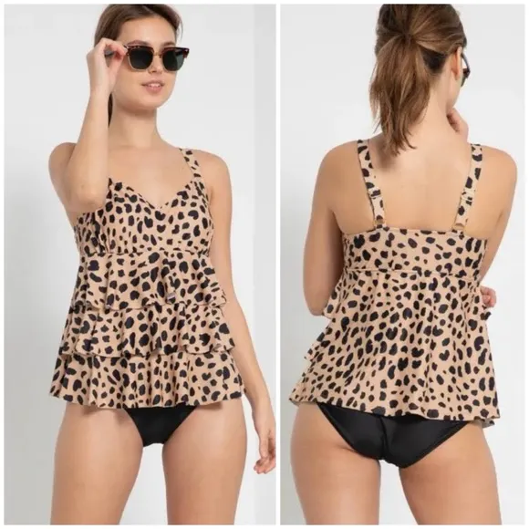 NWT Marina West triple ruffle leopard print one piece SPF 50+ swimsuit Sz Large Brown - Image 2