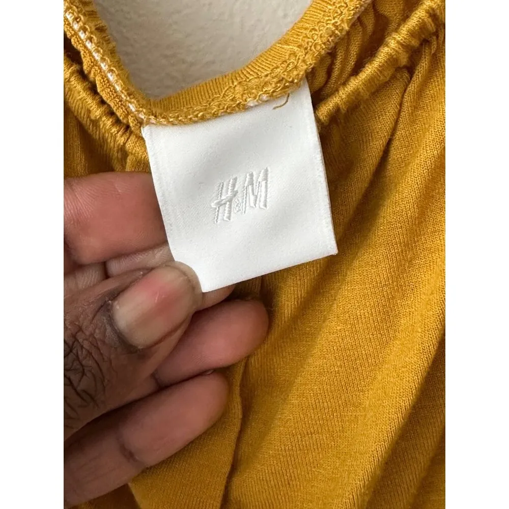 H&M Cropped Blouse Peplum Hem Long Sleeve Faux Button Sz L Mustard Yellow - Image 3