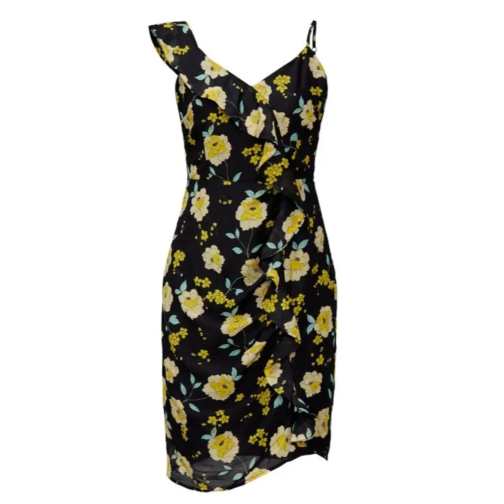 Cupcakes and Cashmere Ariadne Slub Chiffon Asymmetric Dress Ruffle Detail Size 6 Black - Image 3