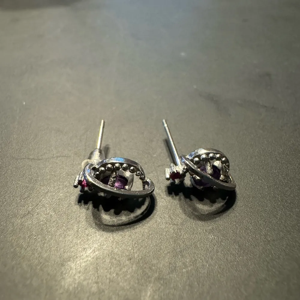 S925 Amethyst & Ruby Planet Moon & Star Earrings Purple - Image 2