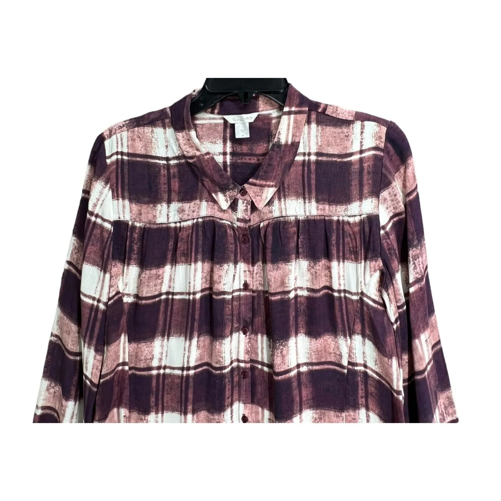 Garnet Hill Tunic Top Women 6 Purple Plaid Crepe Popover Shirt Casual Cottage - Image 4