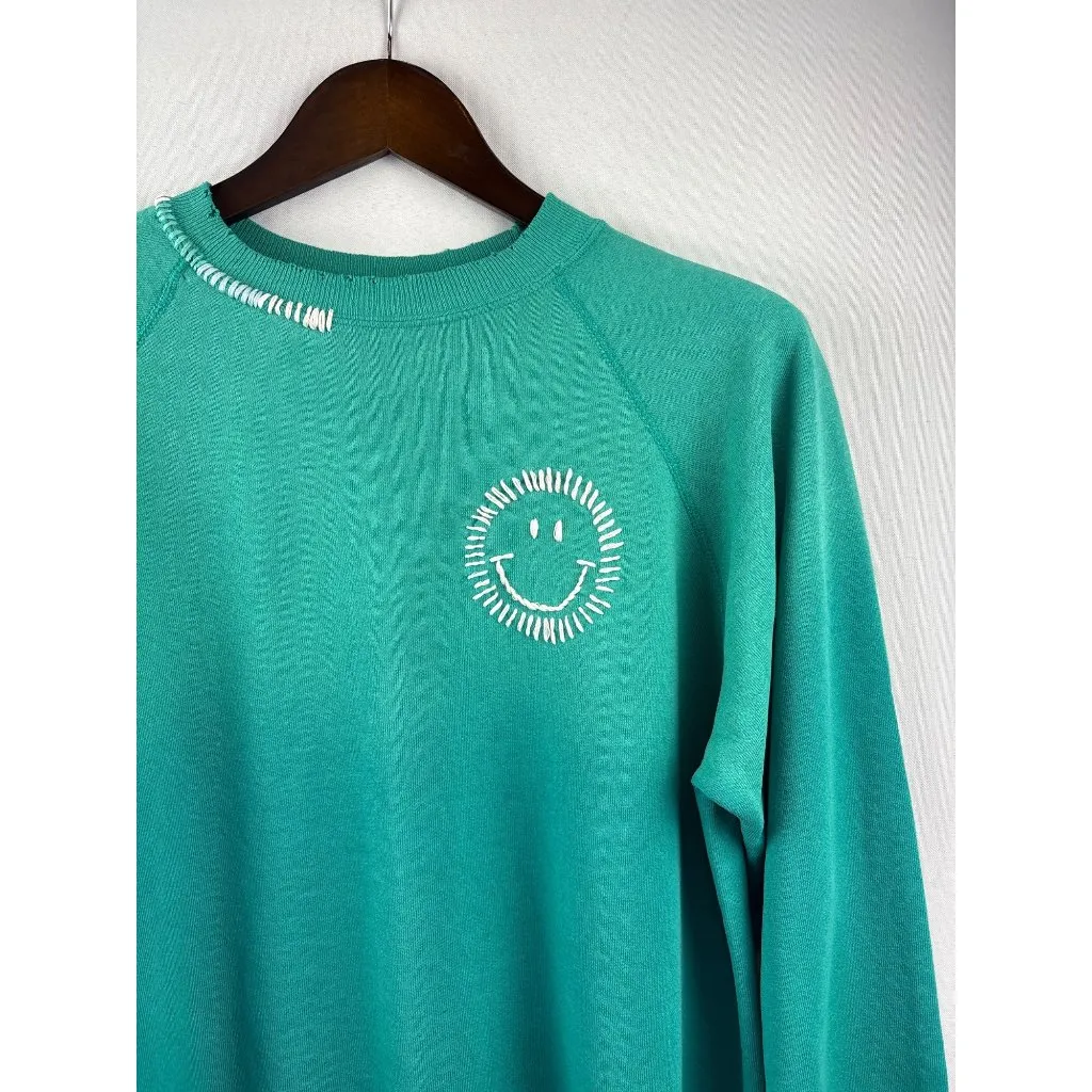 Women’s I.S.M.B.S Medium Teal Crewneck w/ Smiley Face Embroidery Green - Image 2