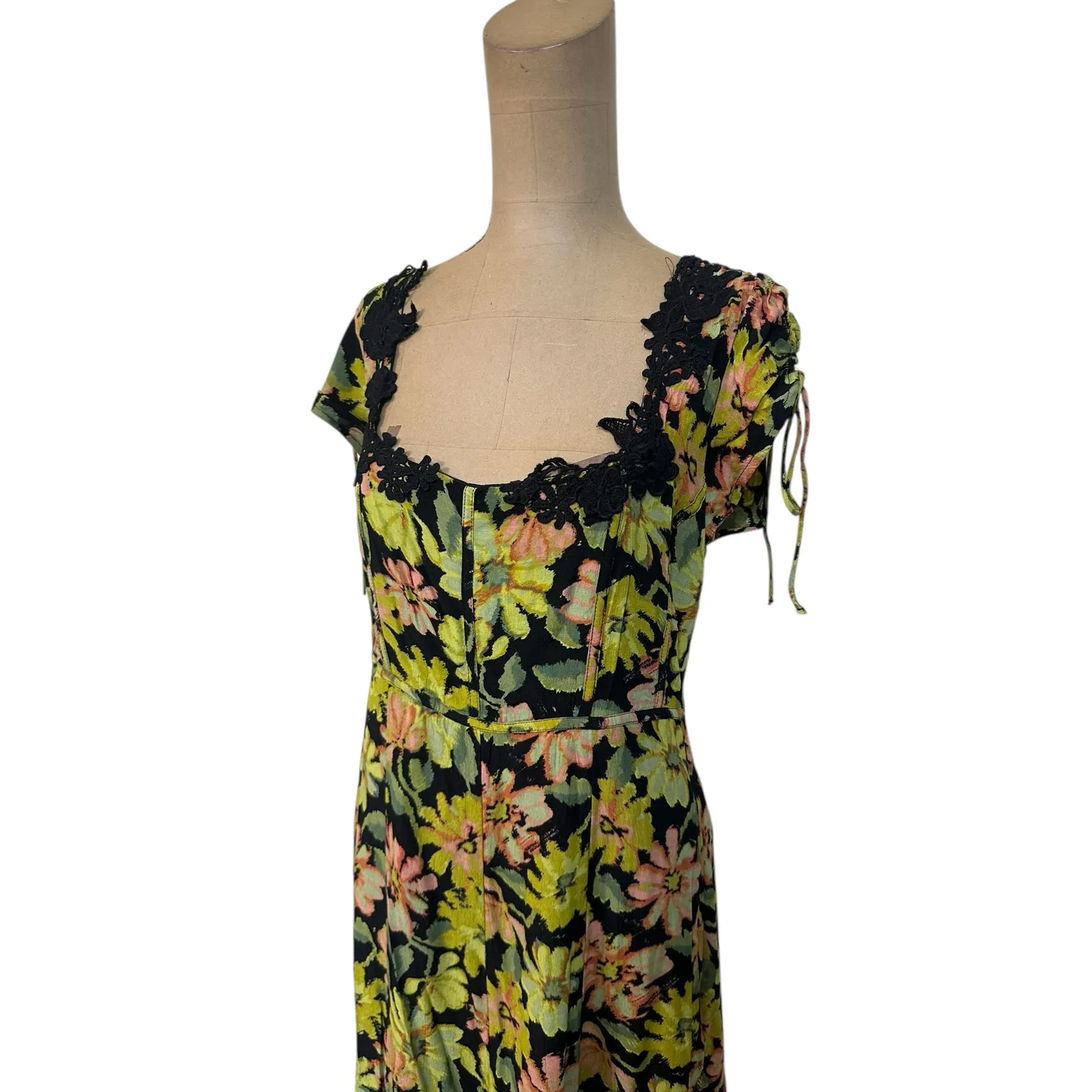Free People Midi Dress Pippa Green Floral Print Puff Sleeve Square Neck - Image 6