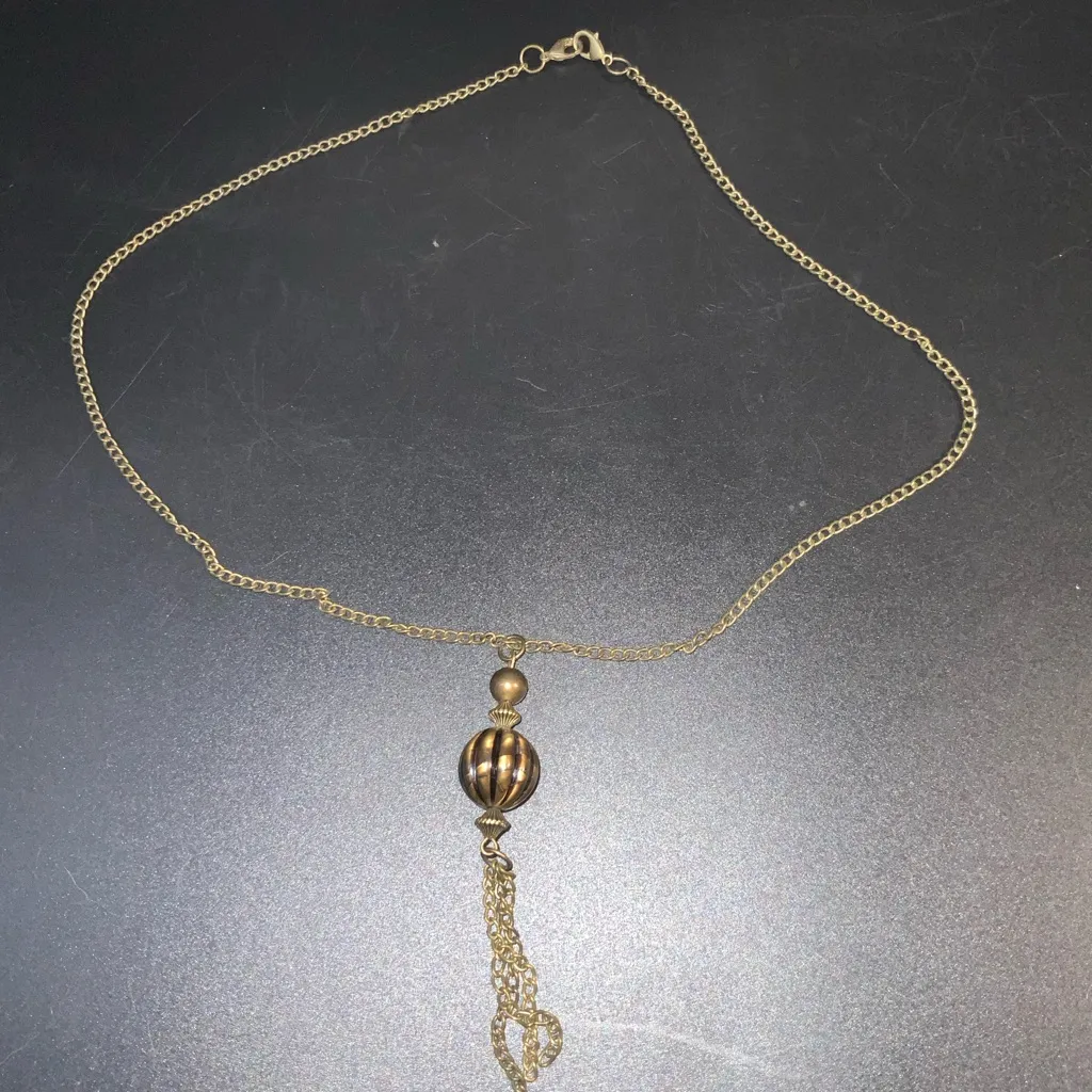 Bronze tone ball and tassel necklace 22” chain 4” pendant Edwardian Renaissance Gold - Image 2