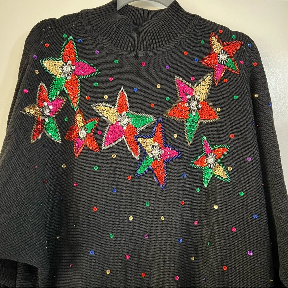 Vintage Beaded Sequin Holiday Sweater Stars Christmas Ugly Long Line Oversized L Black Size L - Image 2