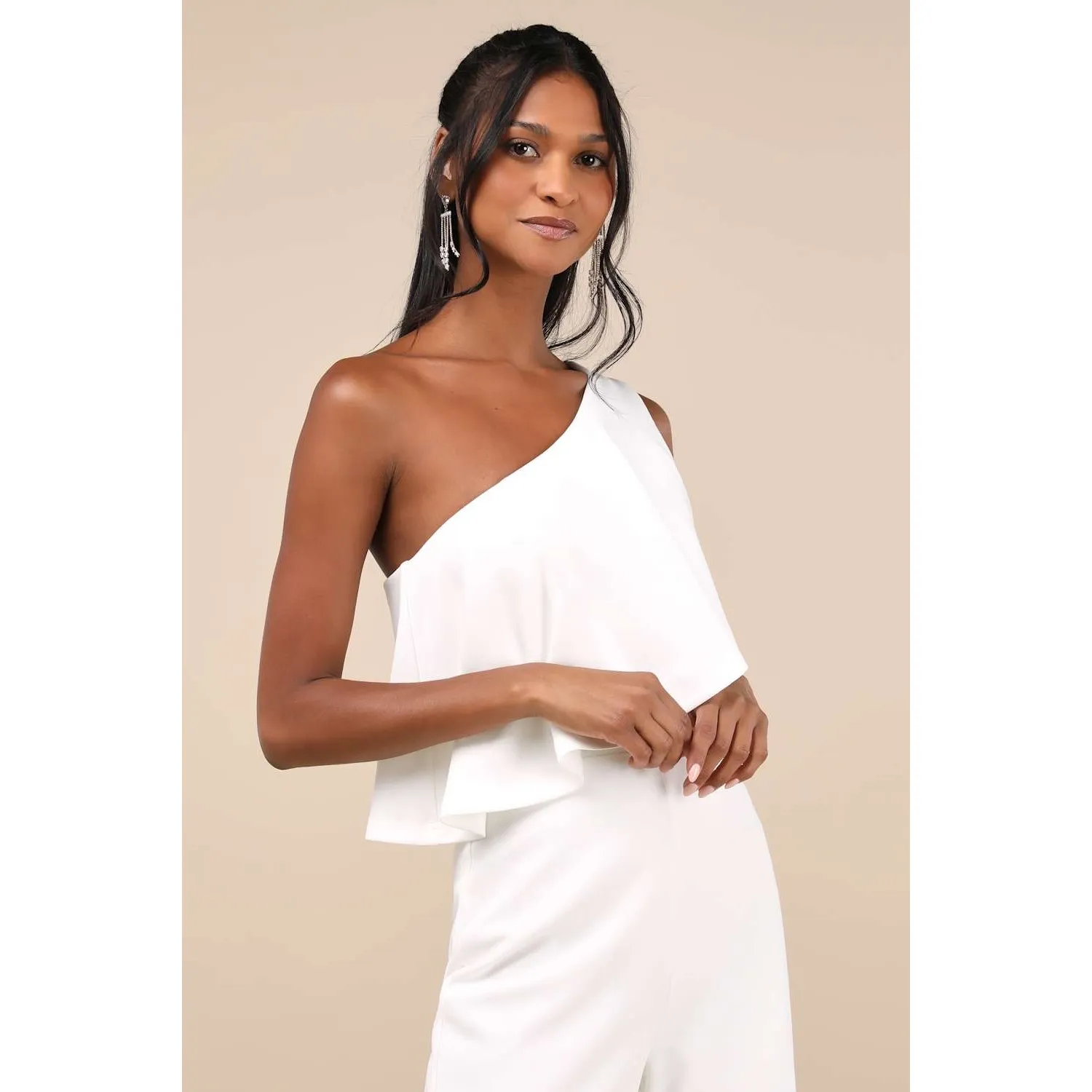 NWT Lulus Flawless Vibes White One-Shoulder Tiered Wide-Leg Jumpsuit Elegant L - Image 7