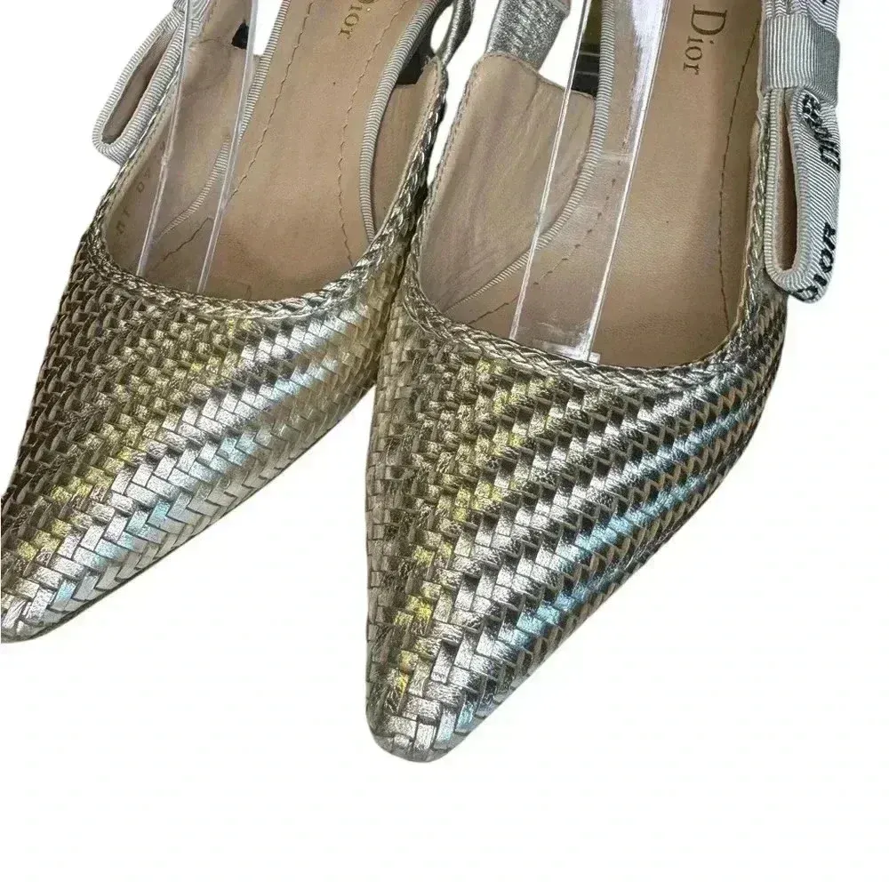 Christian Dior Nude Chrome Shoes With Crystal On The Side Ribbon Band. - Image 3