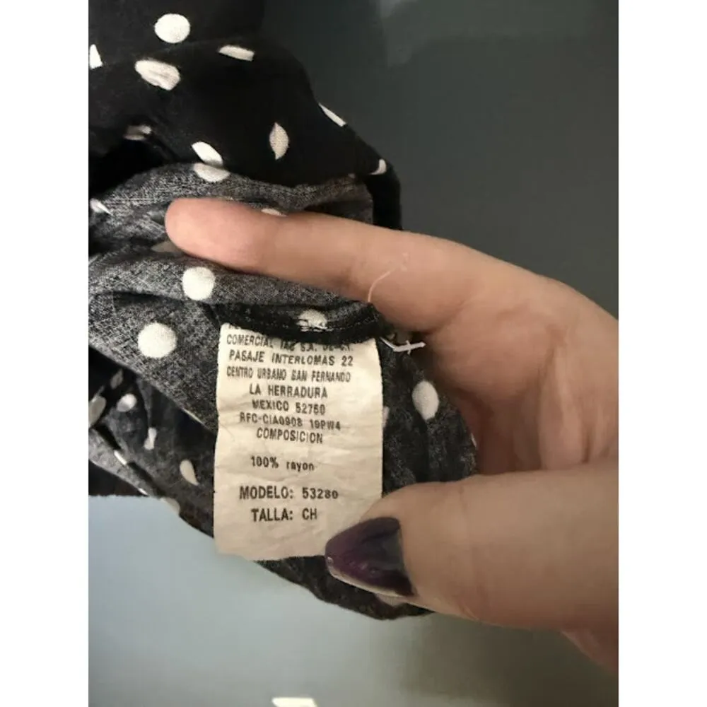 Vertiche Fitted Button Down Women's Top (S/M) Capped Sleeve Polka Dot Preppy Black Size M - Image 7