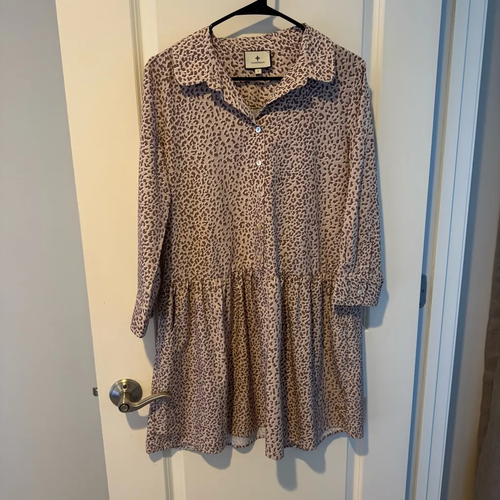 Tuckernuck Hayes Beige & Brown Leopard Print Drop Waist Shirt Dress | S - Image 3