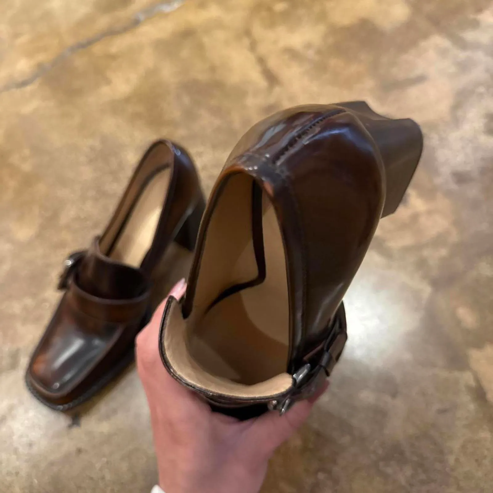 Vintage Brown Italian Patent Leather Buckle Heeled Loafers Size 6.5 - Image 5