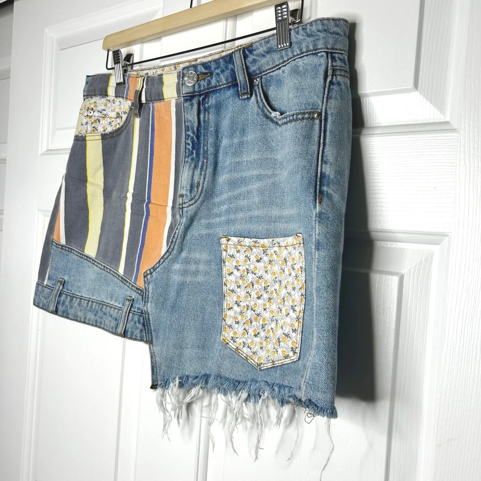 BDG Denim Mini Skirt Asymmetrical‎ Patchwork Striped Floral Size Large - Image 3