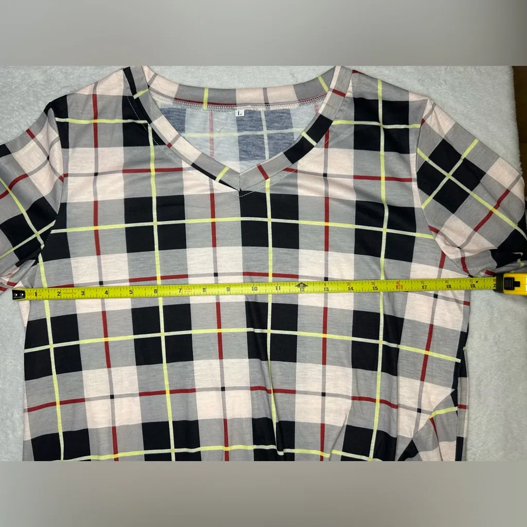 Plaid V-Neck Long Sleeve Twist Knot Top Gray/Black/Yellow/Red/Cream Size Large - Image 4