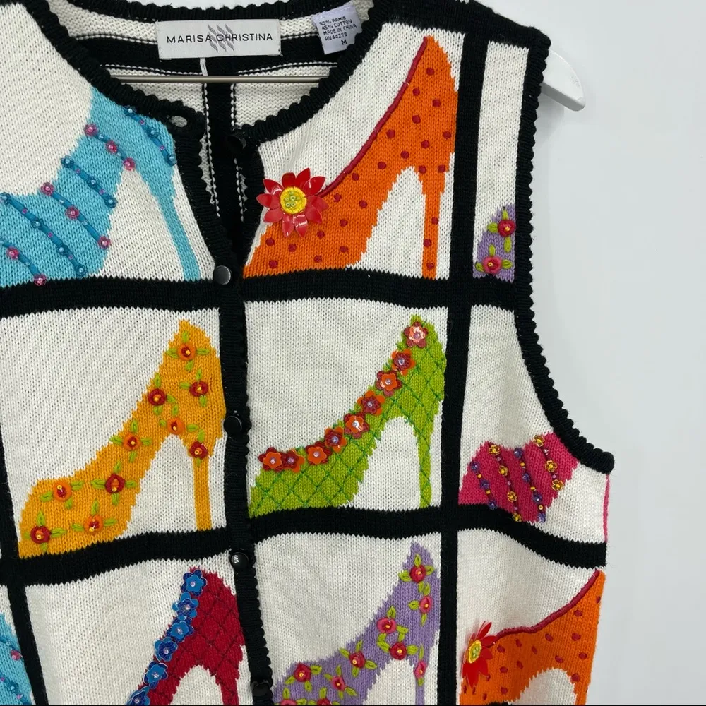 Vintage Y2K Colorful Beaded Heels Grandma Zip Up Sweater Vest SZ M Size M - Image 4
