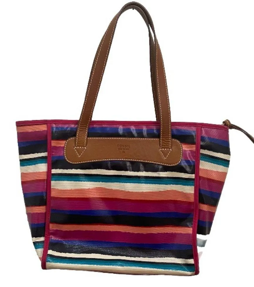 FOSSIL Keyper Multicolored Stripes Coated Canvas Shopper Tote Bag - Image 2