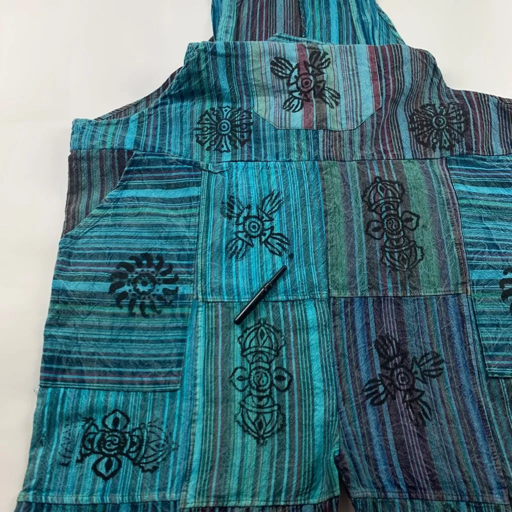 Vintage Wevez Turquoise Striped Cotton Stamp Print Relaxed Overalls One Size Blue Size undefined - Image 4