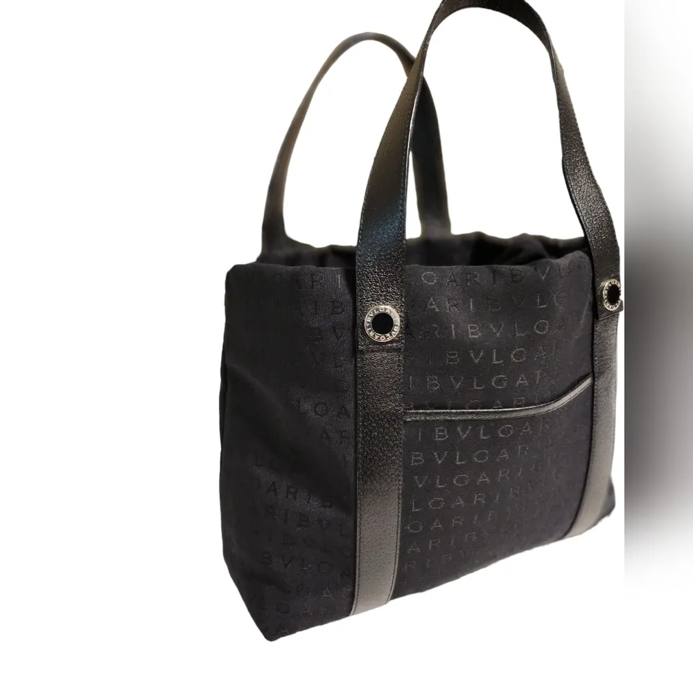 BVLGARI Authentic  Canvas Monogram Tote with Leather Trim Black - Image 8