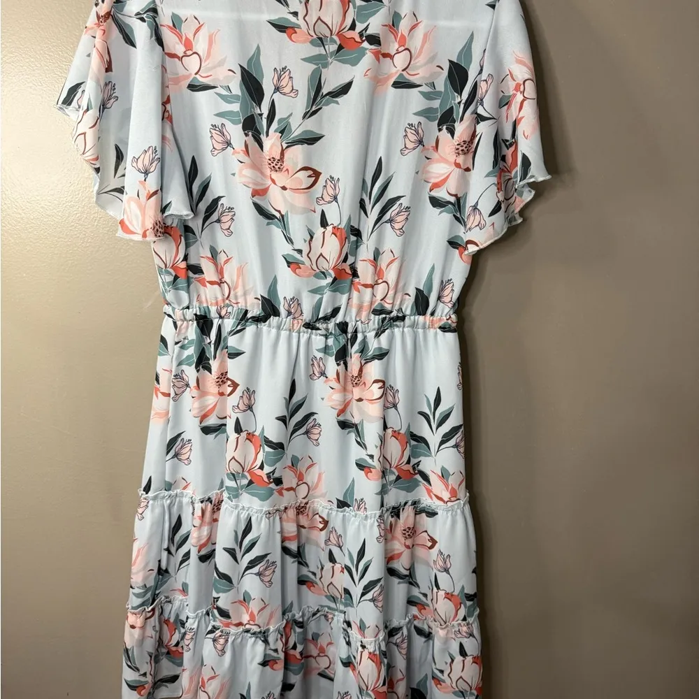 NANNU Pink and Green Wrap Sundress with Flutter Sleeves - Image 2