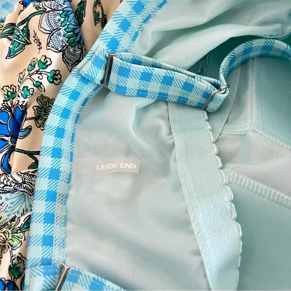 Lands' End Tankini Top Size 12 DD Blouson Lotus Floral/Gingham Swimsuit Blue - Image 10