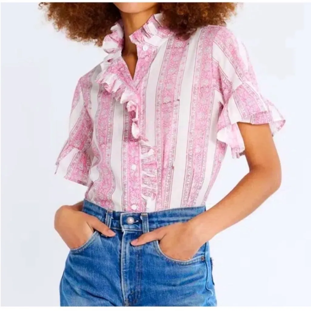 Mille Resort Wear Vanessa Floral Ruffle Cotton Top Size Small White - Image 2