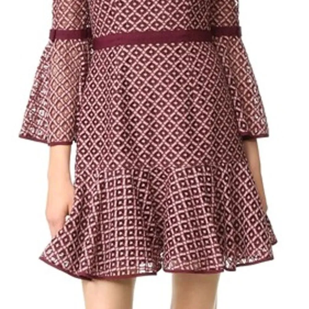 Cinq a Sept Cosette Dress Bell Sleeve Mulberry Pink Lace Overlay Babydoll Size 8 Red - Image 11