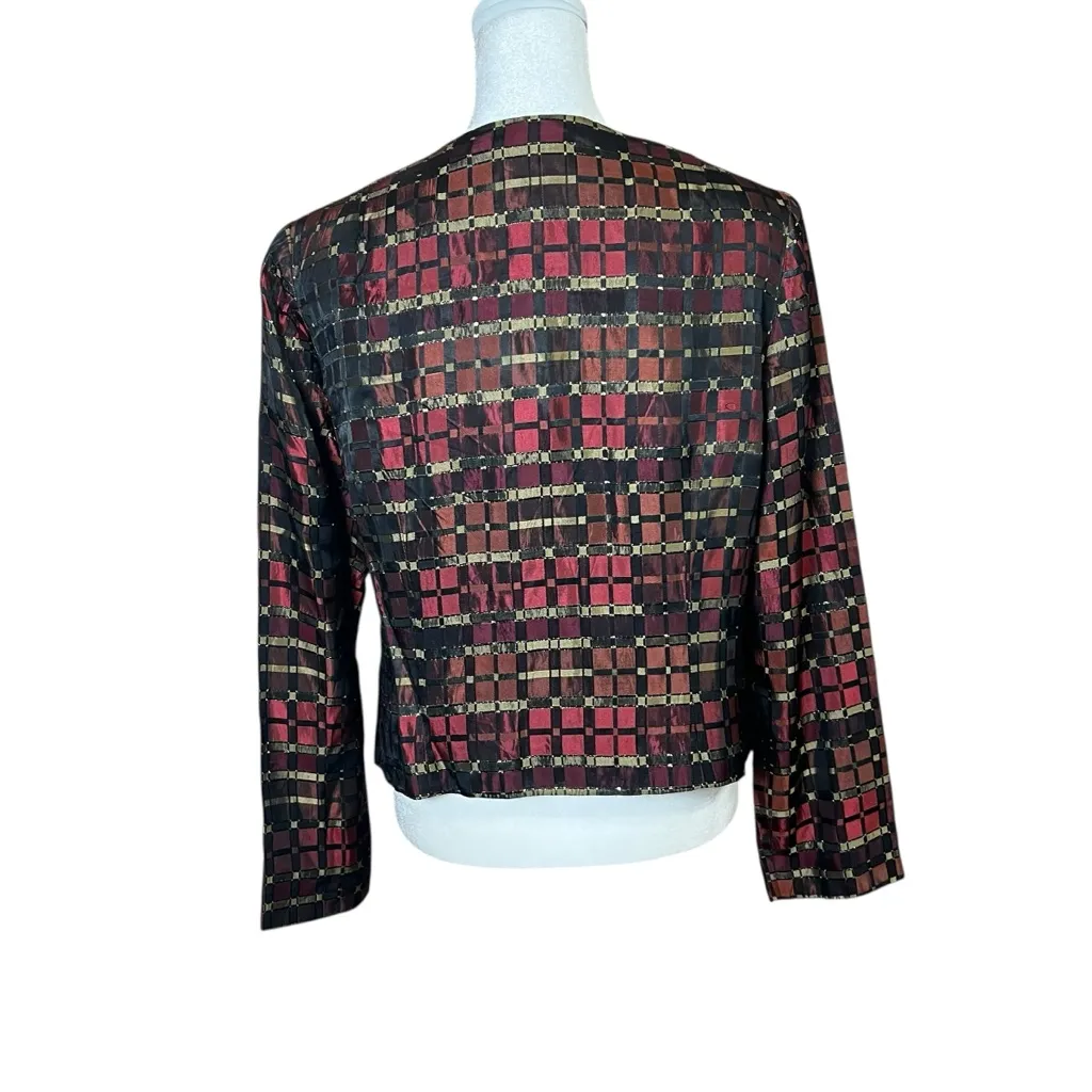 VTG Maggie L Metallic Woven Evening Jacket Open Front Red Black Gold Sz 6 Y2K - Image 4
