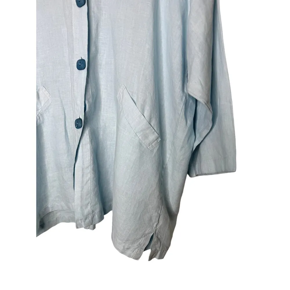 Bryn Walker 100% Linen Blue nehru collar jacket Button Down Size Small Oversize - Image 9