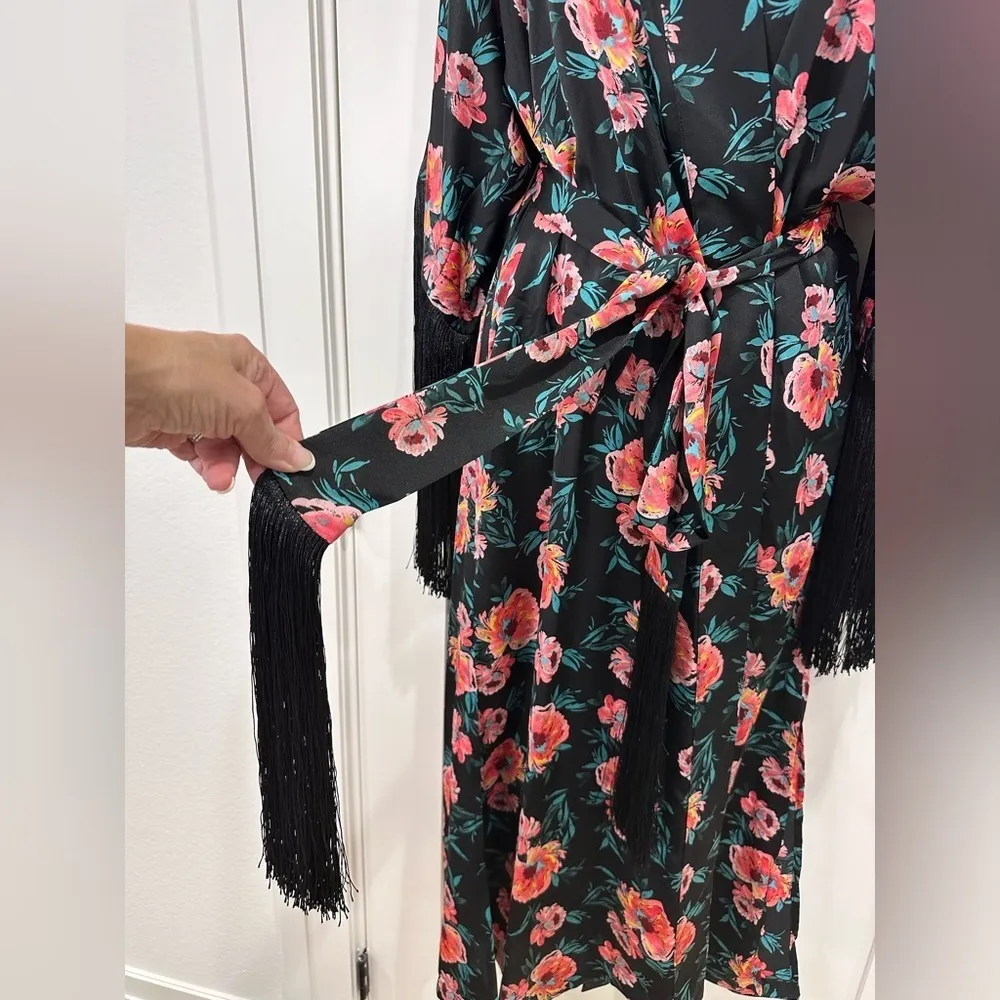 NWT Misa Los Angeles Robe Size XS Black Satin Floral Caftan Duster Fringe Boho - Image 5
