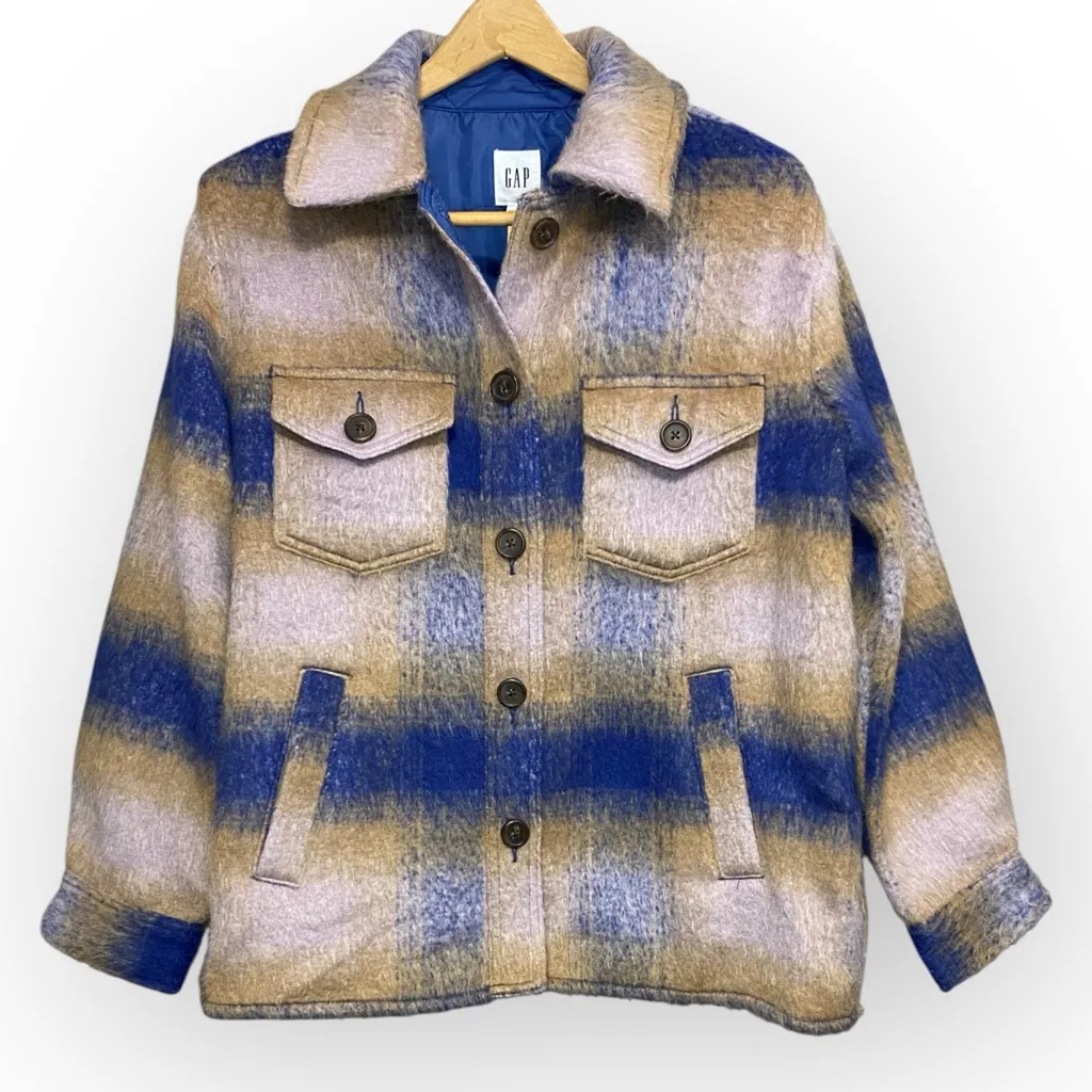 Gap Lofty Plaid Shirt Jacket Blue Tan Size Medium Excellent Condition - Image 2