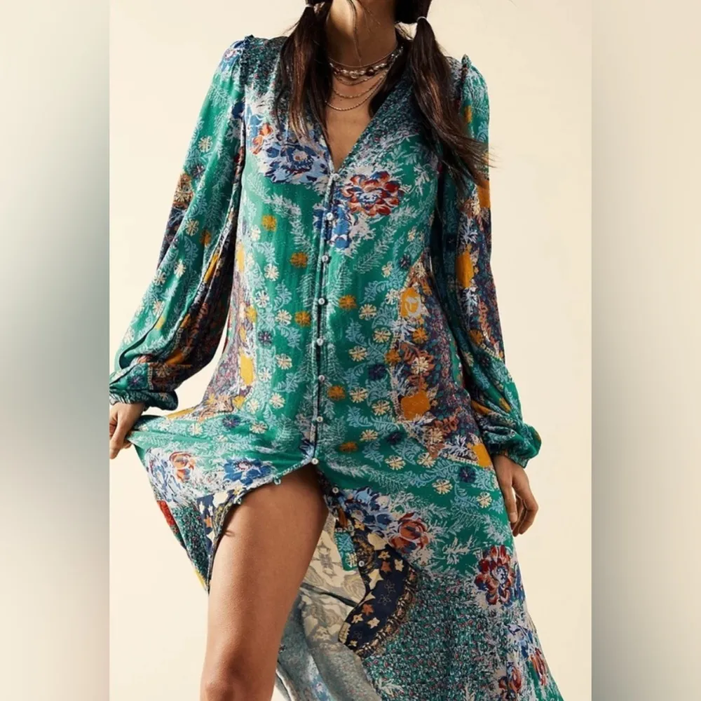 Free People Marais Printed Midi maxi high low button Dress fall long sleeve XS - Image 3