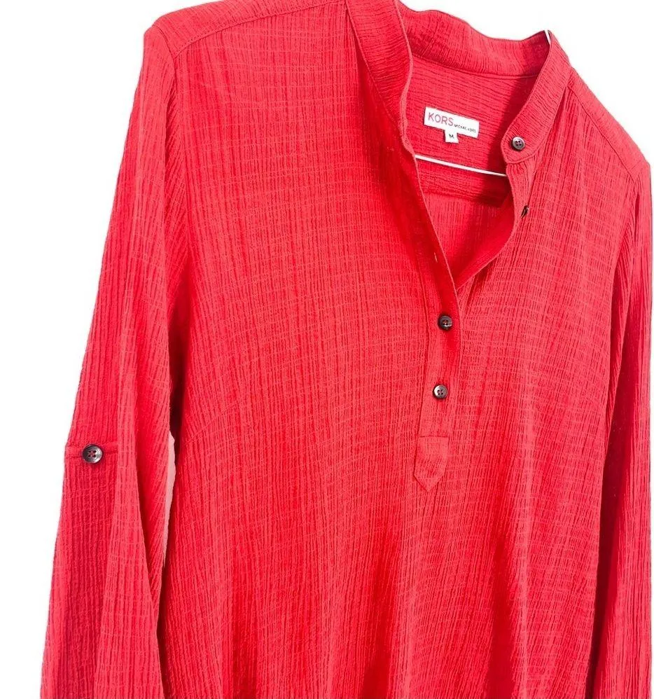 KORS Michael Kors MK Red Gauzy Roll Tab Long Sleeve Quarter Button Blouse Top - Image 4